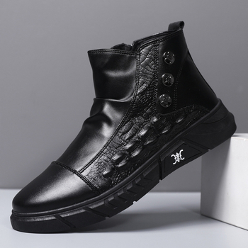 Zimné pánske topánky z PU kože, vysoké, s hrubou výstelkou, šnúrky vpredu, plastová podrážka