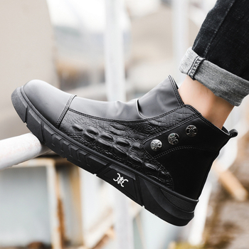 Zimné pánske topánky z PU kože, vysoké, s hrubou výstelkou, šnúrky vpredu, plastová podrážka