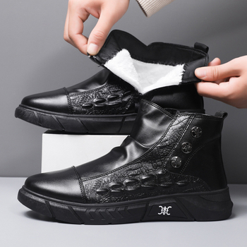 Zimné pánske topánky z PU kože, vysoké, s hrubou výstelkou, šnúrky vpredu, plastová podrážka