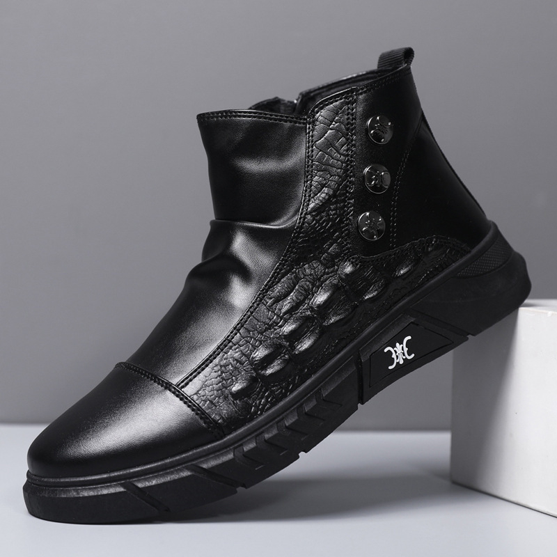 Zimné pánske topánky z PU kože, vysoké, s hrubou výstelkou, šnúrky vpredu, plastová podrážka