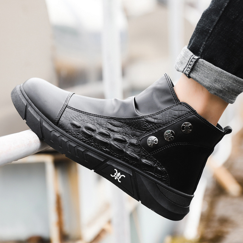 Zimné pánske topánky z PU kože, vysoké, s hrubou výstelkou, šnúrky vpredu, plastová podrážka