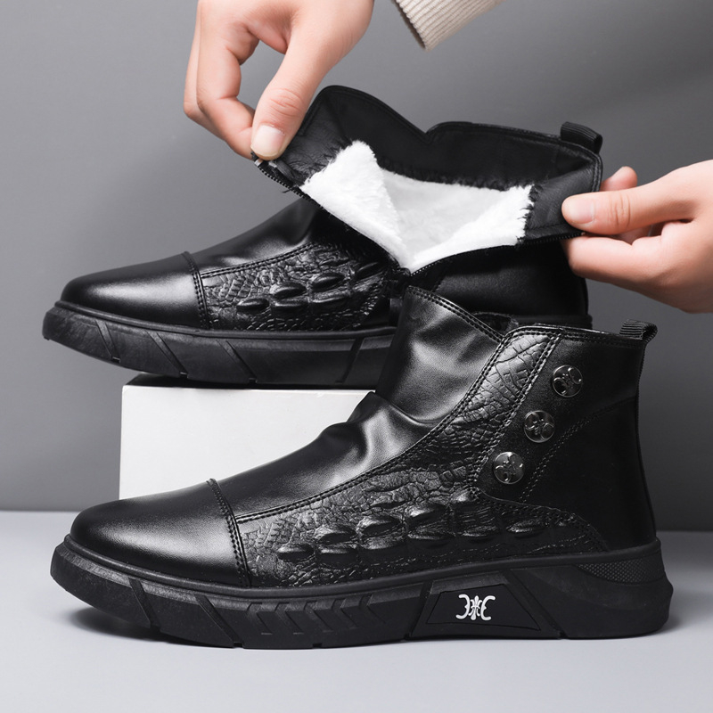 Zimné pánske topánky z PU kože, vysoké, s hrubou výstelkou, šnúrky vpredu, plastová podrážka