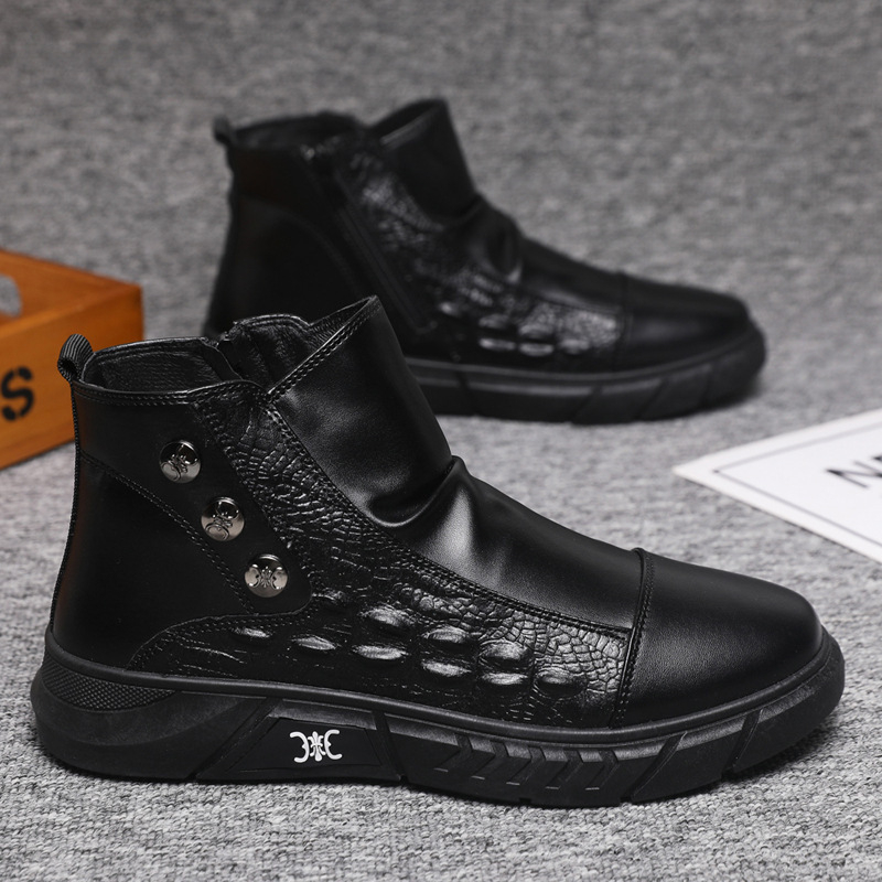 Zimné pánske topánky z PU kože, vysoké, s hrubou výstelkou, šnúrky vpredu, plastová podrážka