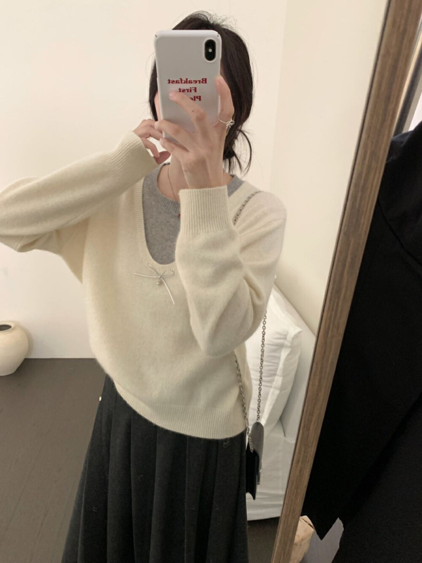 Brīvs piegriezuma džemperis no akrila maisījumā ar neilonu un poliestera, Color Blocking raksts, apaļa kakla līnija, garas piedurknes