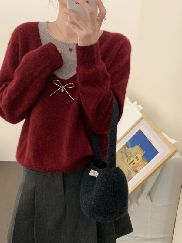 Brīvs piegriezuma džemperis no akrila maisījumā ar neilonu un poliestera, Color Blocking raksts, apaļa kakla līnija, garas piedurknes