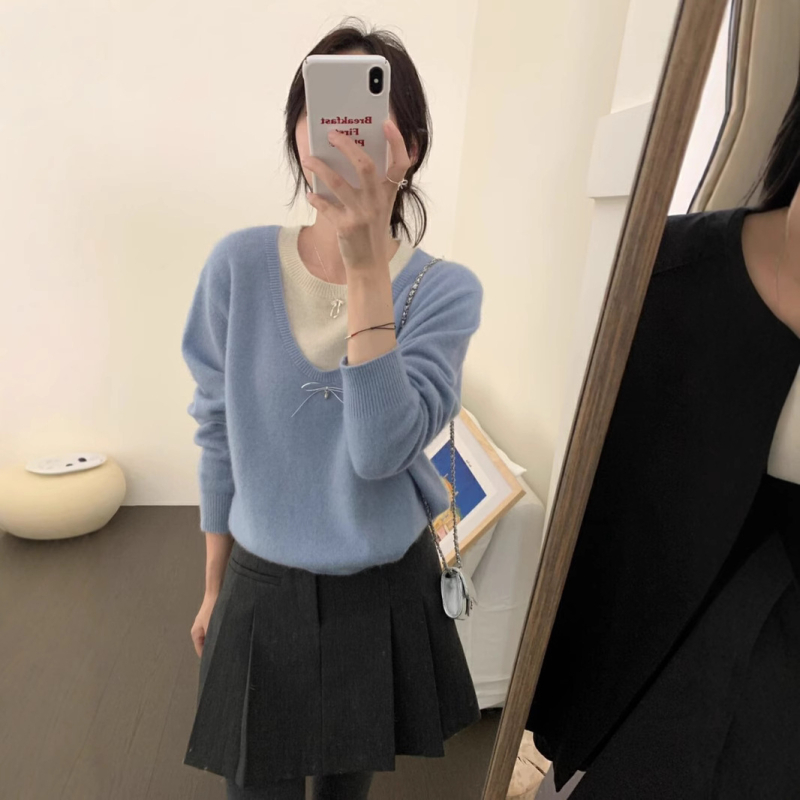 Brīvs piegriezuma džemperis no akrila maisījumā ar neilonu un poliestera, Color Blocking raksts, apaļa kakla līnija, garas piedurknes