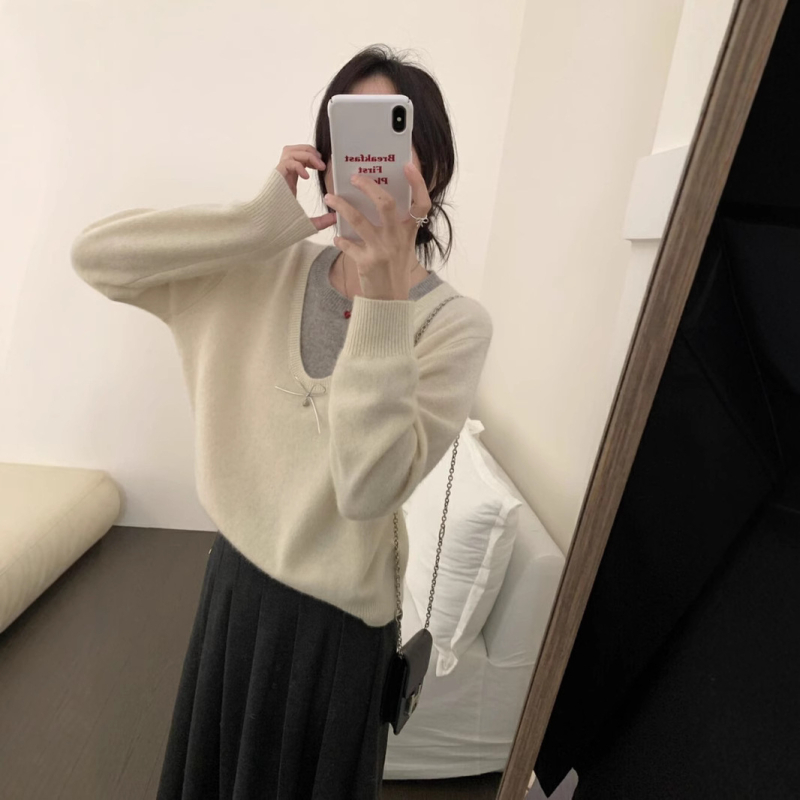 Brīvs piegriezuma džemperis no akrila maisījumā ar neilonu un poliestera, Color Blocking raksts, apaļa kakla līnija, garas piedurknes