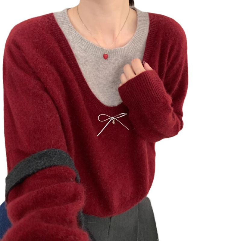 Brīvs piegriezuma džemperis no akrila maisījumā ar neilonu un poliestera, Color Blocking raksts, apaļa kakla līnija, garas piedurknes