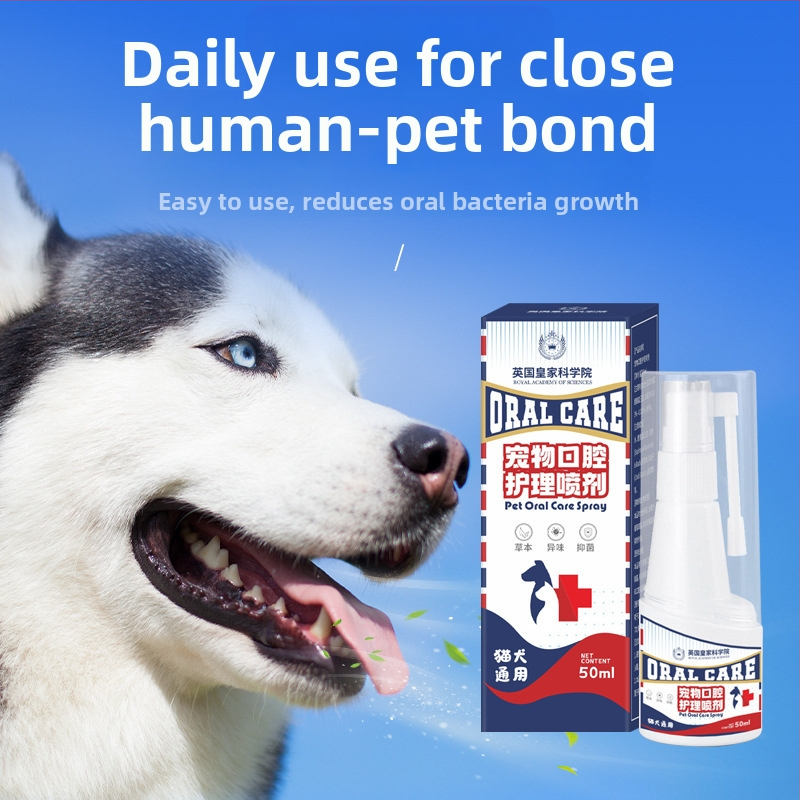 Spray na ústnu hygienu pre domáce zvieratá – psov a mačiek, kvapalná formulácia, osvieženie dychu, bielenie zubov, odstraňovanie škvŕn, starostlivosť o ďasná a periodontálna starostlivosť