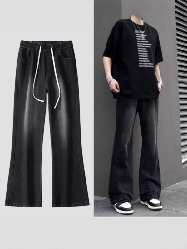 Jeansi din denim pentru bărbați, croială lejeră, drept, talie medie, închidere cu șnur, detalii uzate spălate, 61% bumbac, 19,4% poliester.