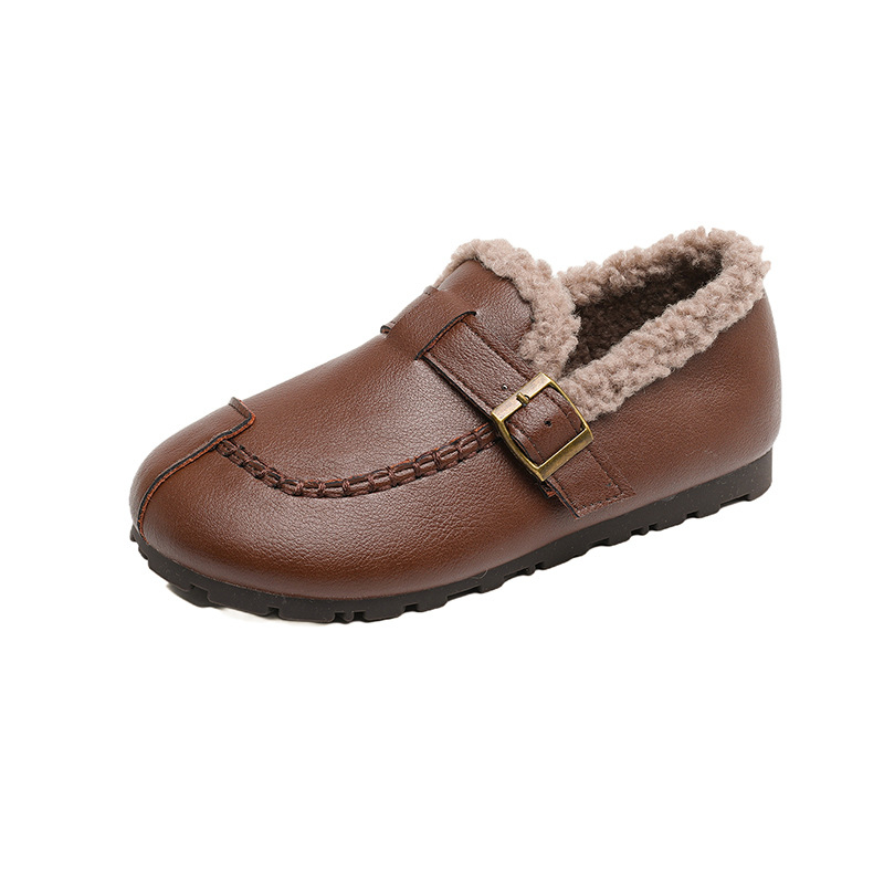 Női lapos cipő kerek orrú, műszálas plüss felsőrész, meleg bélés, gumi talp, középső sarok 3–5 cm, Velcro zárás