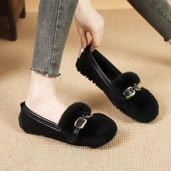 Női téli szőrme slip-on cipő, PU felsőrész, platformos talp, csúszásmentes