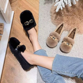 Női téli szőrme slip-on cipő, PU felsőrész, platformos talp, csúszásmentes