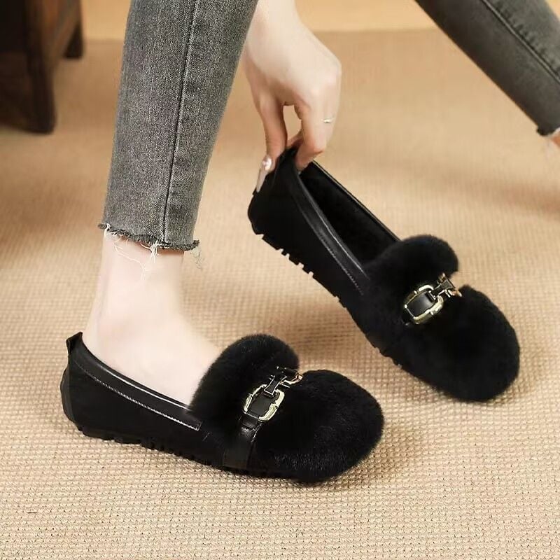 Női téli szőrme slip-on cipő, PU felsőrész, platformos talp, csúszásmentes