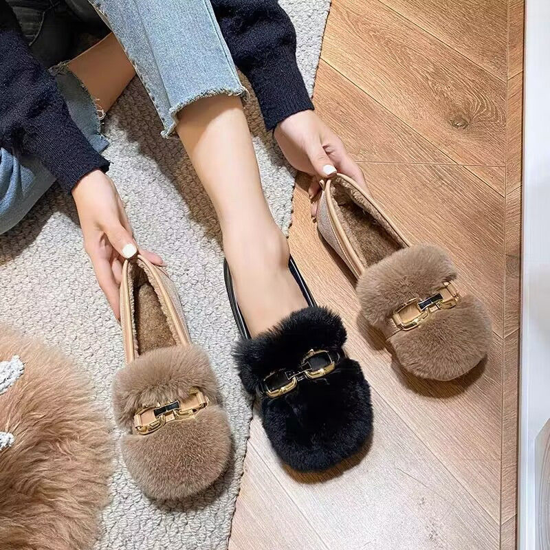 Női téli szőrme slip-on cipő, PU felsőrész, platformos talp, csúszásmentes