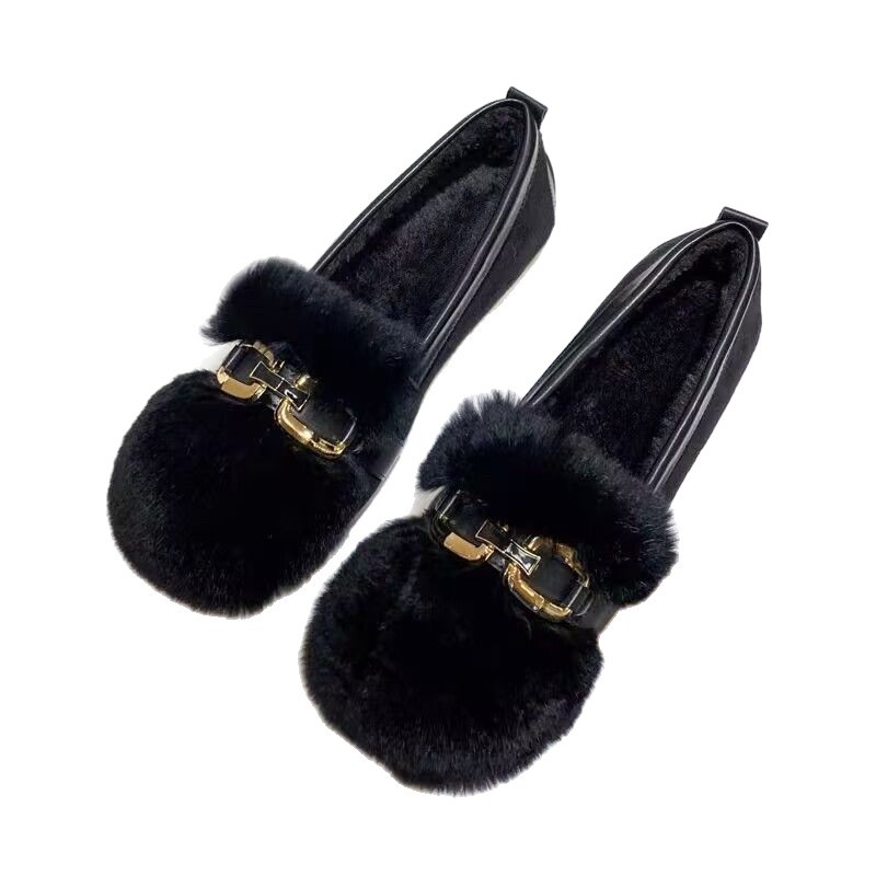 Női téli szőrme slip-on cipő, PU felsőrész, platformos talp, csúszásmentes