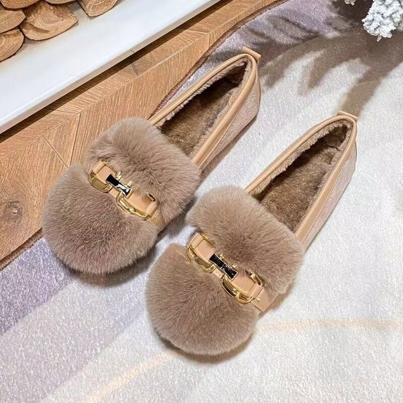 Női téli szőrme slip-on cipő, PU felsőrész, platformos talp, csúszásmentes