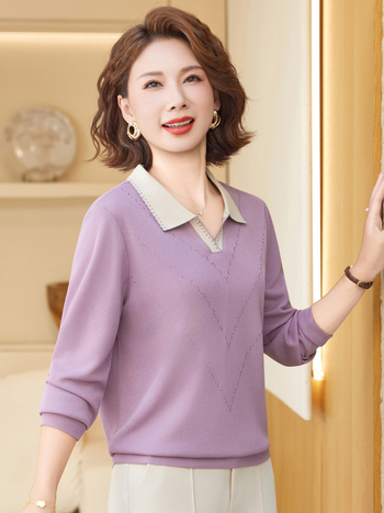 Dámske pletené tričko s dlhým rukávom a golierom; hlavným materiálom polyester 80–90%; sekundárny polyester ≤30%; bežná dĺžka 50–65 cm; štýl kancelársky/elegantný temperament
