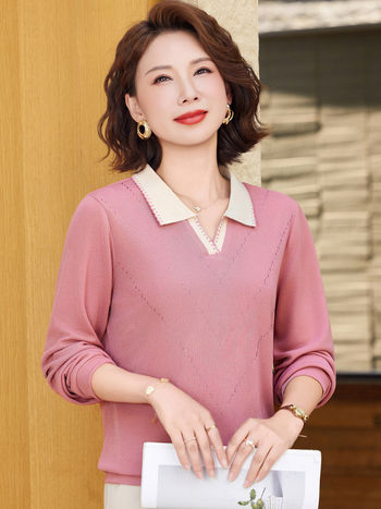 Dámske pletené tričko s dlhým rukávom a golierom; hlavným materiálom polyester 80–90%; sekundárny polyester ≤30%; bežná dĺžka 50–65 cm; štýl kancelársky/elegantný temperament