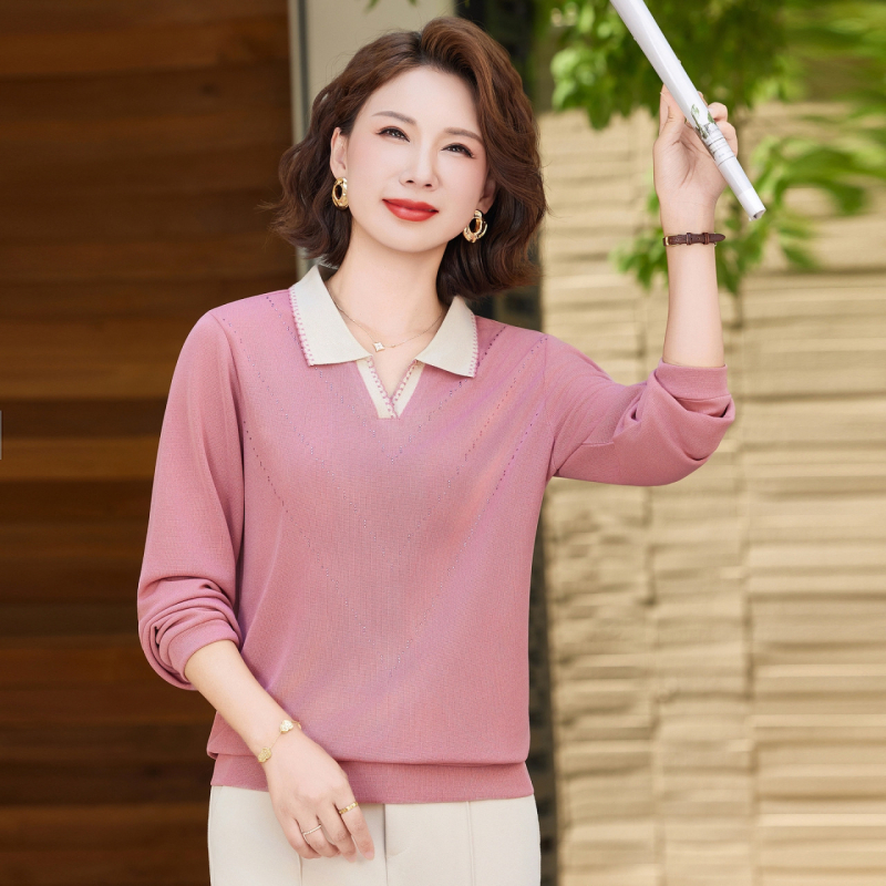 Dámske pletené tričko s dlhým rukávom a golierom; hlavným materiálom polyester 80–90%; sekundárny polyester ≤30%; bežná dĺžka 50–65 cm; štýl kancelársky/elegantný temperament