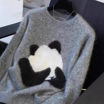 Vlnený sveter, kruhový výstrih, dlhé rukávy, voľný strih, normálna dĺžka, hrubý úplet, vlna ≥95%, japonsko-kórejský casual štýl