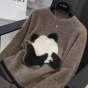 Vlnený sveter, kruhový výstrih, dlhé rukávy, voľný strih, normálna dĺžka, hrubý úplet, vlna ≥95%, japonsko-kórejský casual štýl