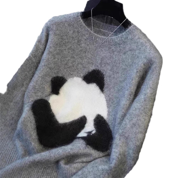 Vlnený sveter, kruhový výstrih, dlhé rukávy, voľný strih, normálna dĺžka, hrubý úplet, vlna ≥95%, japonsko-kórejský casual štýl