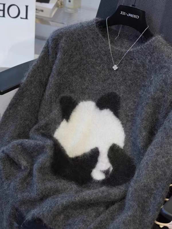 Vlnený sveter, kruhový výstrih, dlhé rukávy, voľný strih, normálna dĺžka, hrubý úplet, vlna ≥95%, japonsko-kórejský casual štýl