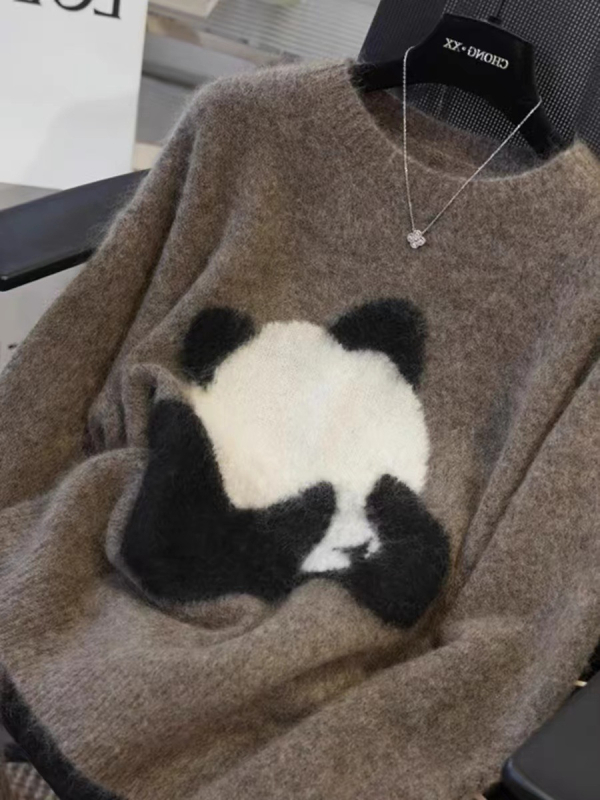 Vlnený sveter, kruhový výstrih, dlhé rukávy, voľný strih, normálna dĺžka, hrubý úplet, vlna ≥95%, japonsko-kórejský casual štýl