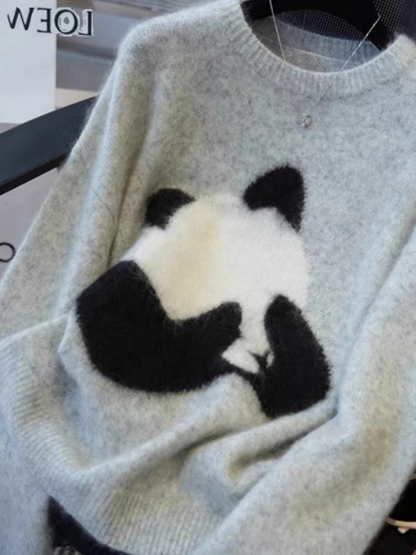 Vlnený sveter, kruhový výstrih, dlhé rukávy, voľný strih, normálna dĺžka, hrubý úplet, vlna ≥95%, japonsko-kórejský casual štýl