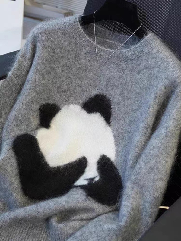 Vlnený sveter, kruhový výstrih, dlhé rukávy, voľný strih, normálna dĺžka, hrubý úplet, vlna ≥95%, japonsko-kórejský casual štýl