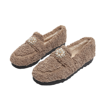 Bean Shoes για γυναίκες - βελούδινο επάνω μέρος, εσωτερική επένδυση από τεχνητή γούνα, σόλα από καουτσούκ, slip-on, χαμηλό κόψιμο