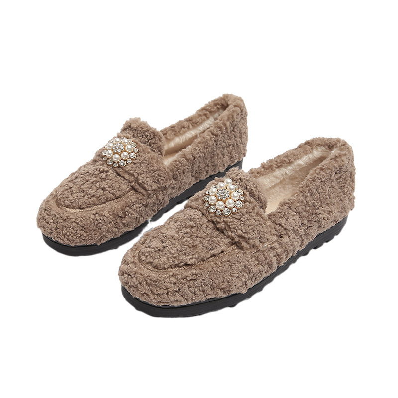 Bean Shoes για γυναίκες - βελούδινο επάνω μέρος, εσωτερική επένδυση από τεχνητή γούνα, σόλα από καουτσούκ, slip-on, χαμηλό κόψιμο