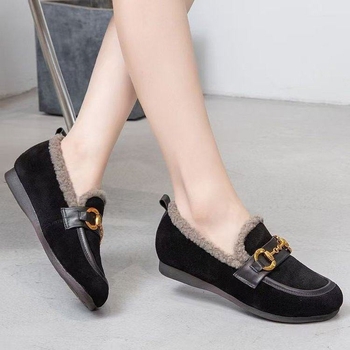 Pantofi slip-on din piele pentru femei, cu căptușeală de fleece – iarnă, talpă din cauciuc, EVA talpă