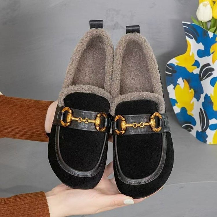 Pantofi slip-on din piele pentru femei, cu căptușeală de fleece – iarnă, talpă din cauciuc, EVA talpă