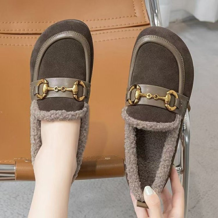 Pantofi slip-on din piele pentru femei, cu căptușeală de fleece – iarnă, talpă din cauciuc, EVA talpă