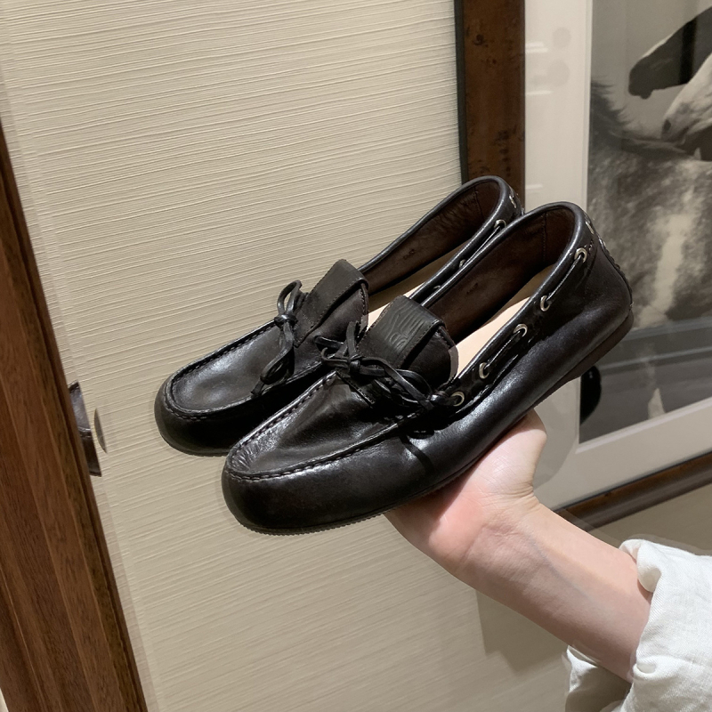 Loafers dama din microfibră, vârf rotund, toc mic, fără șireturi, fundă în formă de fluture