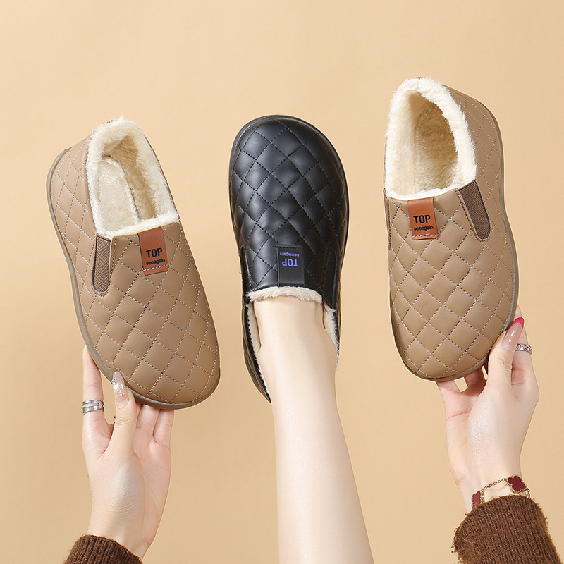 Női téli Slip-On cipő PU felső rész, pamut bélés, kerek orr, alacsony sarok 1–3 cm, PVC talp