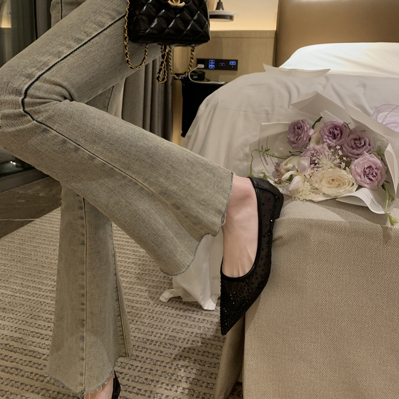 Pantofi dama cu varf ascuțit, din plasă, strasuri, talpă din cauciuc, toc mic