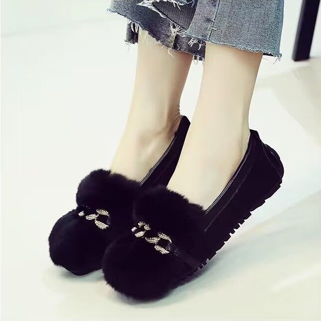 Γυναικεία παπούτσια με γούνα κουνελιού για φθινόπωρο-χειμώνα, slip-on, βαμβακερή επένδυση, χαμηλό ύφος, καουτσούκ σόλα, κορεάτικος στυλ