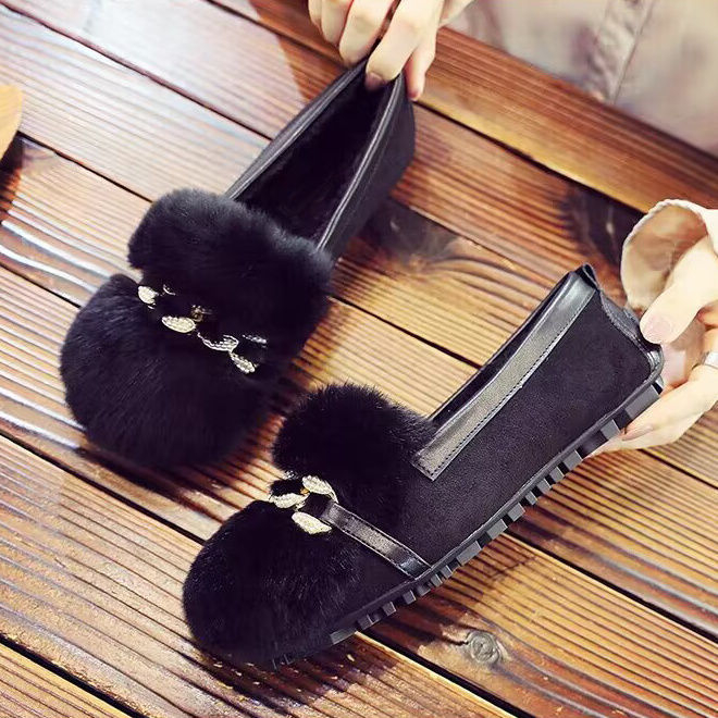 Γυναικεία παπούτσια με γούνα κουνελιού για φθινόπωρο-χειμώνα, slip-on, βαμβακερή επένδυση, χαμηλό ύφος, καουτσούκ σόλα, κορεάτικος στυλ