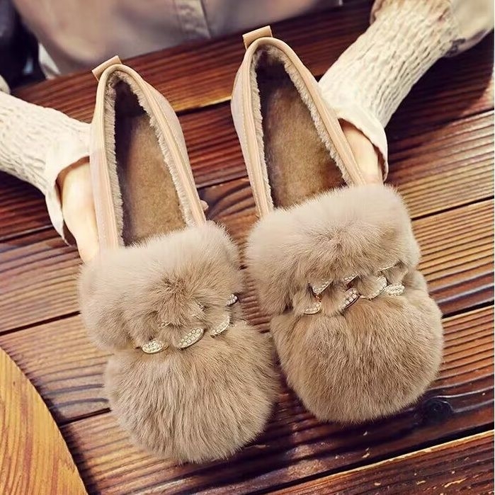 Γυναικεία παπούτσια με γούνα κουνελιού για φθινόπωρο-χειμώνα, slip-on, βαμβακερή επένδυση, χαμηλό ύφος, καουτσούκ σόλα, κορεάτικος στυλ