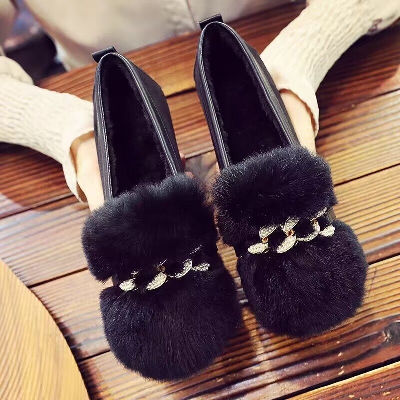 Γυναικεία παπούτσια με γούνα κουνελιού για φθινόπωρο-χειμώνα, slip-on, βαμβακερή επένδυση, χαμηλό ύφος, καουτσούκ σόλα, κορεάτικος στυλ