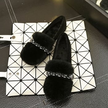 Γυναικείες παντόφλες από γούνα κουνελιού με βελούδινη επένδυση, παχύς πάτος, slip-on, στρας