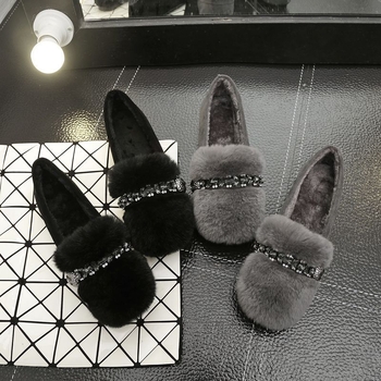 Γυναικείες παντόφλες από γούνα κουνελιού με βελούδινη επένδυση, παχύς πάτος, slip-on, στρας