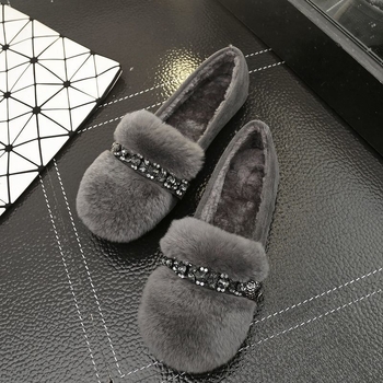 Γυναικείες παντόφλες από γούνα κουνελιού με βελούδινη επένδυση, παχύς πάτος, slip-on, στρας