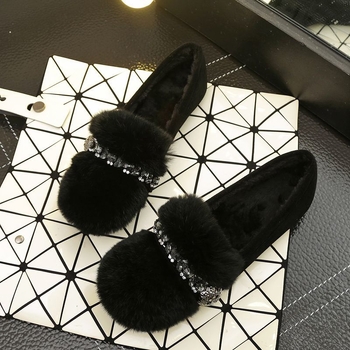 Γυναικείες παντόφλες από γούνα κουνελιού με βελούδινη επένδυση, παχύς πάτος, slip-on, στρας