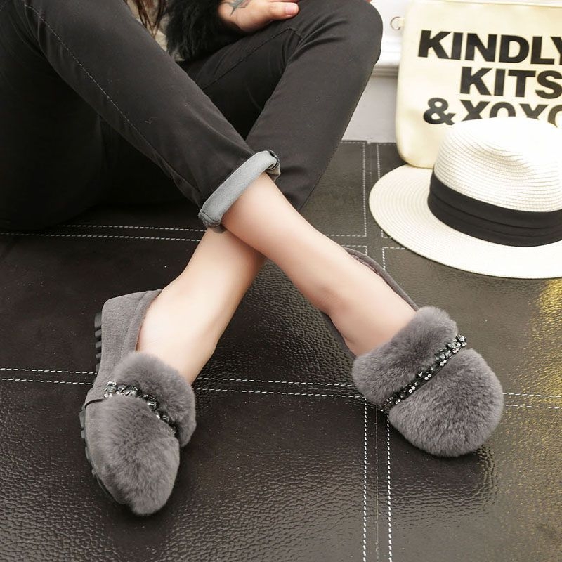 Γυναικείες παντόφλες από γούνα κουνελιού με βελούδινη επένδυση, παχύς πάτος, slip-on, στρας