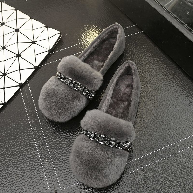 Γυναικείες παντόφλες από γούνα κουνελιού με βελούδινη επένδυση, παχύς πάτος, slip-on, στρας