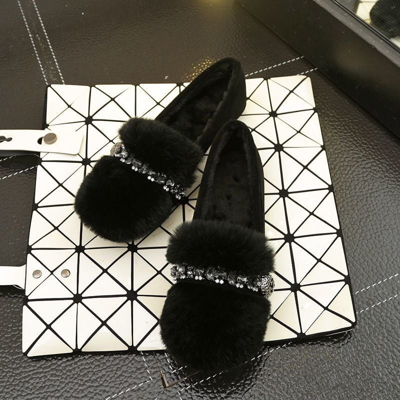 Γυναικείες παντόφλες από γούνα κουνελιού με βελούδινη επένδυση, παχύς πάτος, slip-on, στρας